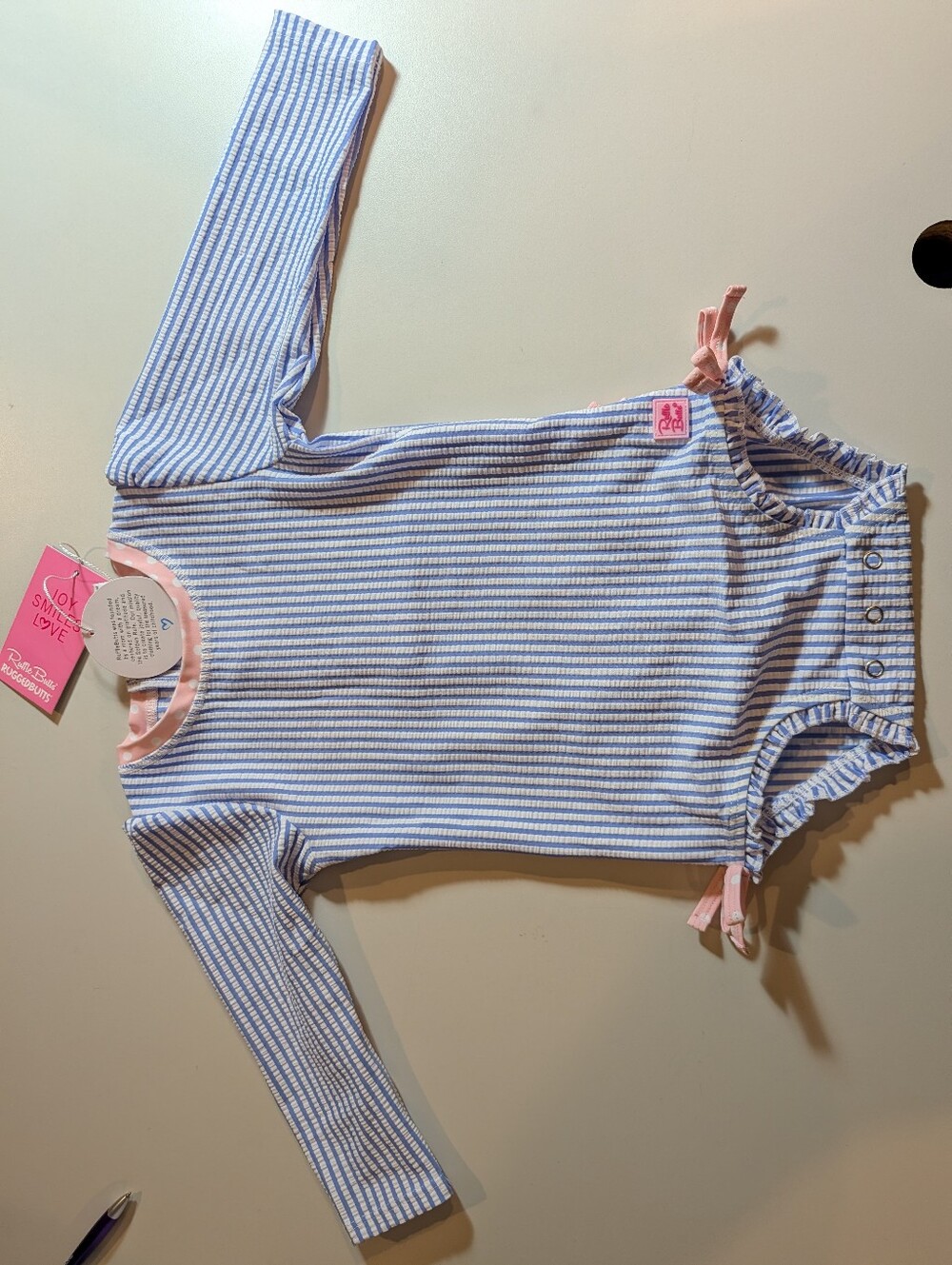 Ruffle Butts Baby Striped Blue & White Seersucker Baby Bodysuit Pink Trim NWT